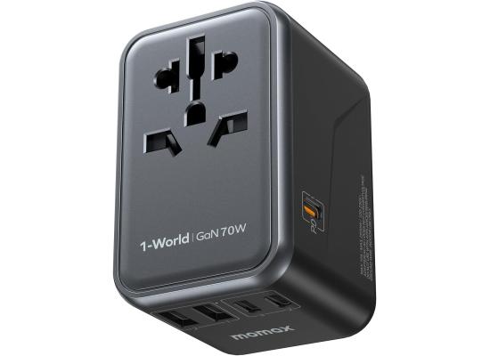 MOMAX Universal Travel Adapter 70W GaN, 3 USB-C PD & 2 USB-A QC, International Power Adapter Outlet, 6-in-1 Wall Charger for Laptop, Phone, European Travel Plug Adapter for UK/US/AUS/JP - Black